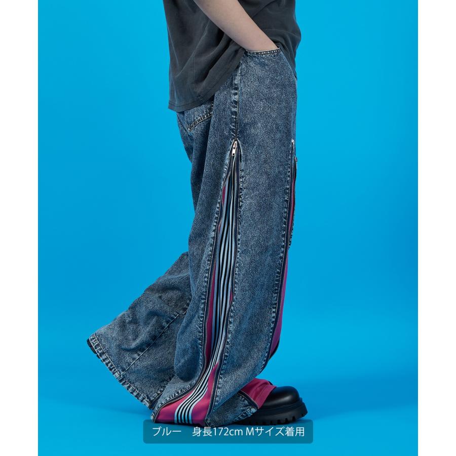 デニムパンツ メンズ ウォッシュド サイドライン　ジップ ワイドパンツバギーパンツ デニム ジーンズ アメカジ カジュアル ストリート スケーター 韓国 | improves | 05
