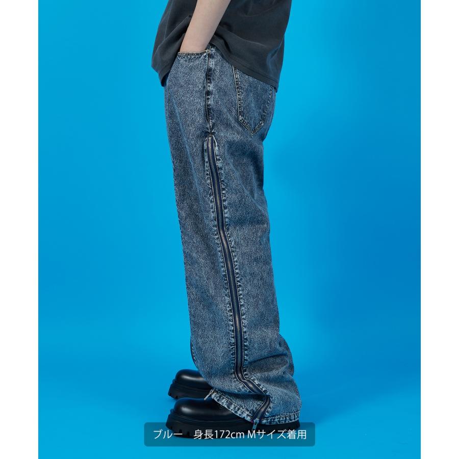 デニムパンツ メンズ ウォッシュド サイドライン　ジップ ワイドパンツバギーパンツ デニム ジーンズ アメカジ カジュアル ストリート スケーター 韓国 | improves | 06