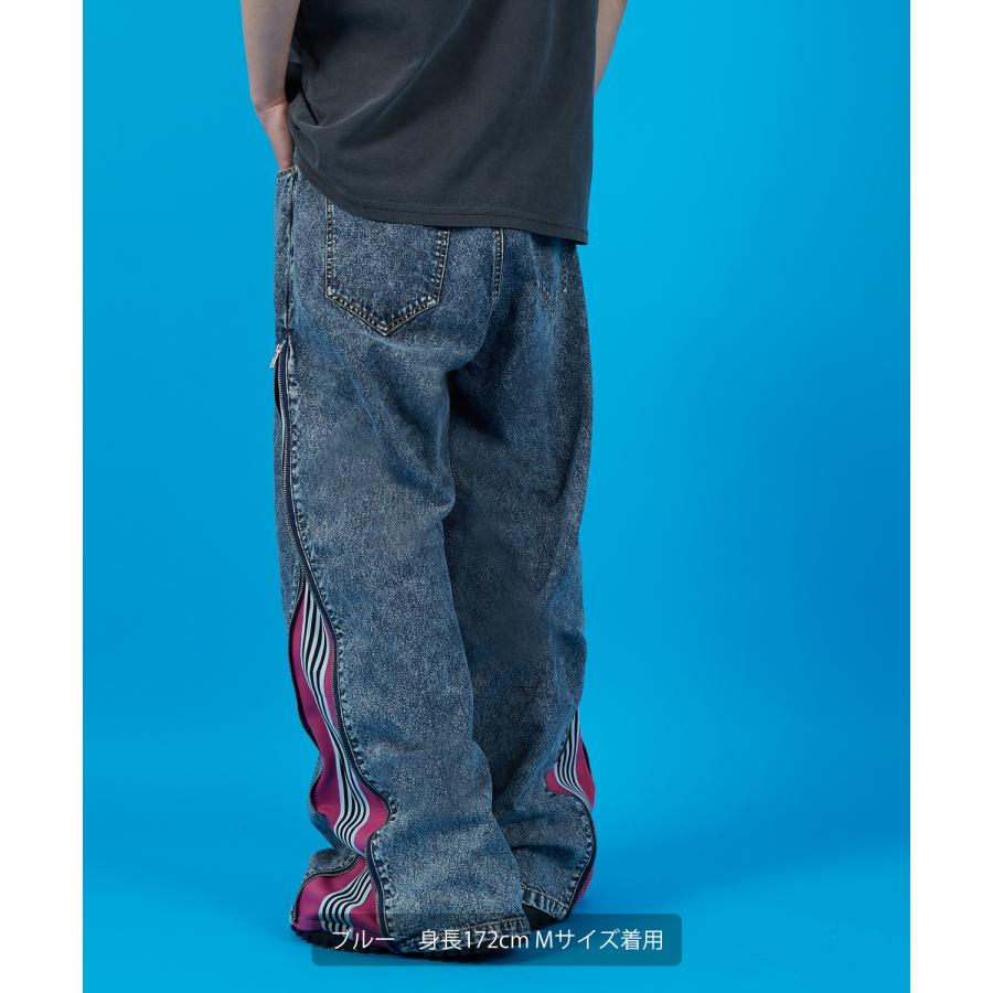 デニムパンツ メンズ ウォッシュド サイドライン　ジップ ワイドパンツバギーパンツ デニム ジーンズ アメカジ カジュアル ストリート スケーター 韓国 | improves | 07