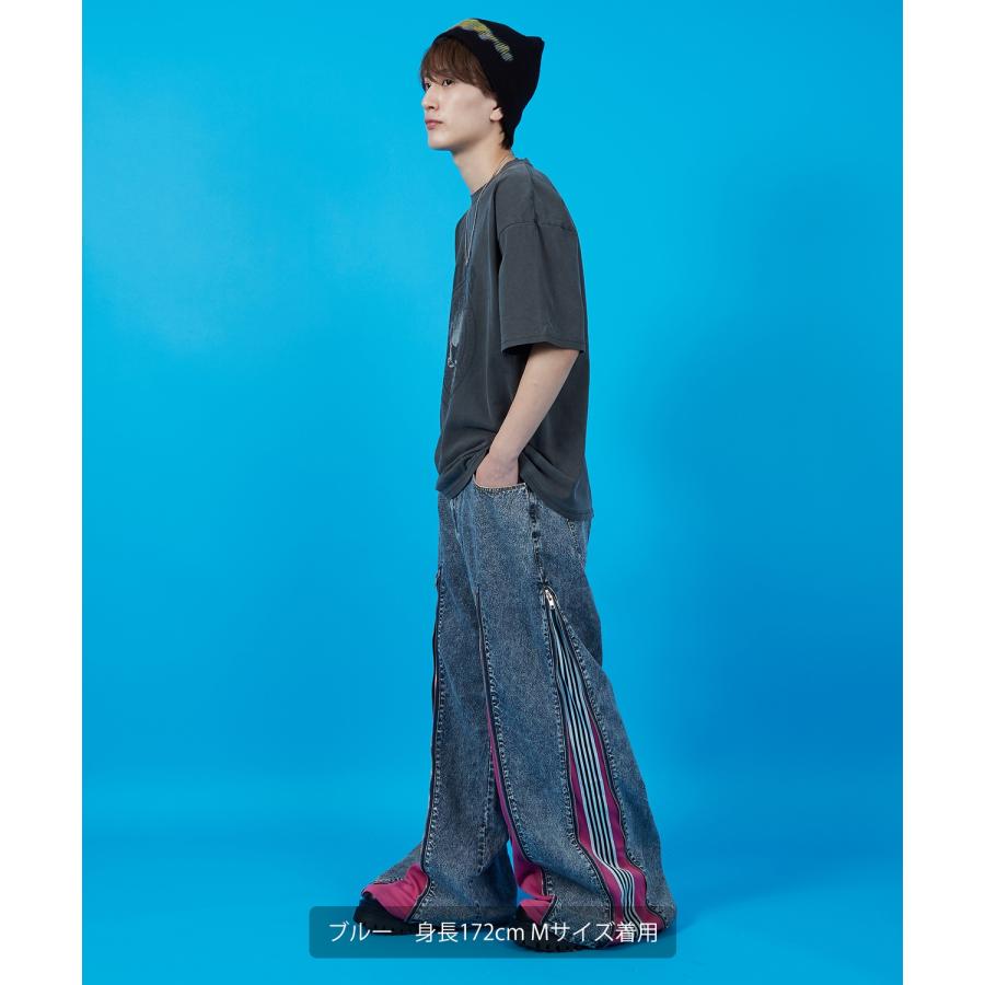デニムパンツ メンズ ウォッシュド サイドライン　ジップ ワイドパンツバギーパンツ デニム ジーンズ アメカジ カジュアル ストリート スケーター 韓国 | improves | 08