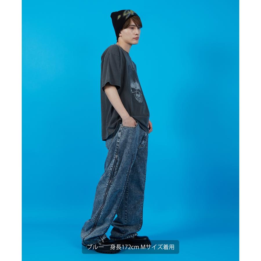 デニムパンツ メンズ ウォッシュド サイドライン　ジップ ワイドパンツバギーパンツ デニム ジーンズ アメカジ カジュアル ストリート スケーター 韓国 | improves | 09
