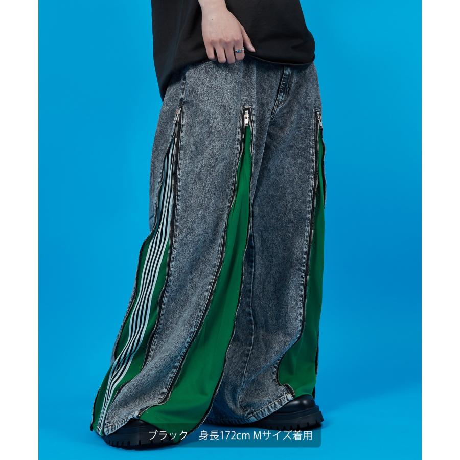 デニムパンツ メンズ ウォッシュド サイドライン　ジップ ワイドパンツバギーパンツ デニム ジーンズ アメカジ カジュアル ストリート スケーター 韓国 | improves | 10