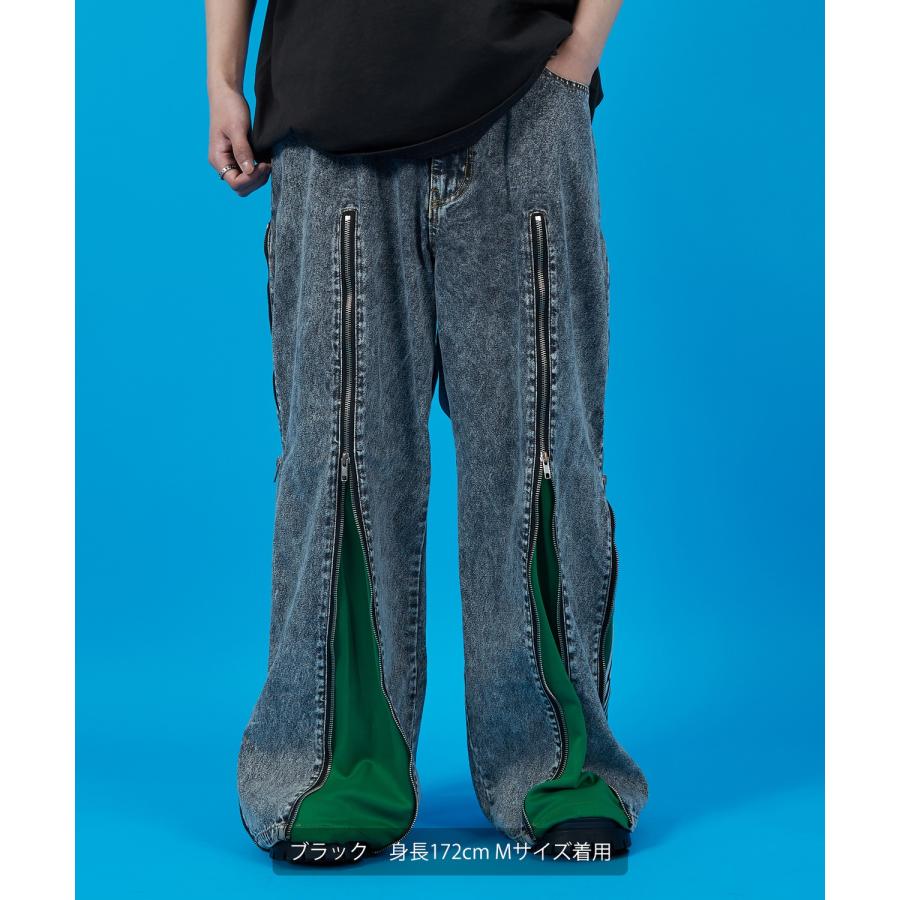 デニムパンツ メンズ ウォッシュド サイドライン　ジップ ワイドパンツバギーパンツ デニム ジーンズ アメカジ カジュアル ストリート スケーター 韓国 | improves | 11