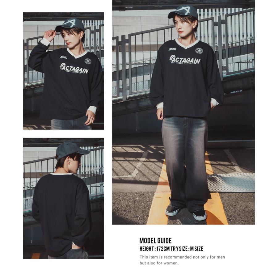 長袖Tシャツ メンズ ゲームシャツ Vネック カットソー 大きめ アメカジ カジュアル ストリート ブラック チャコール グレー パープル ホワイト | improves | 18