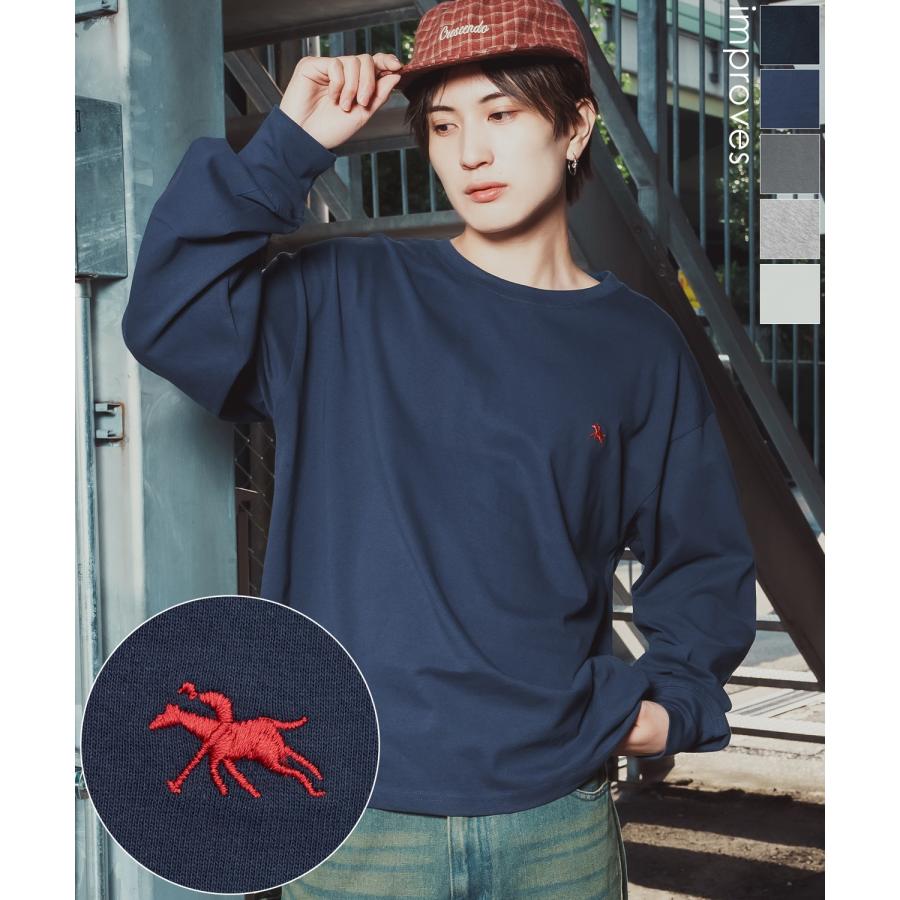 長袖Tシャツ メンズ POLO CHAMPS ワンポイント刺しゅう ポニー カットソー 大きめ カジュアル ストリート ブラック チャコール グレー ネイビー ホワイト | improves