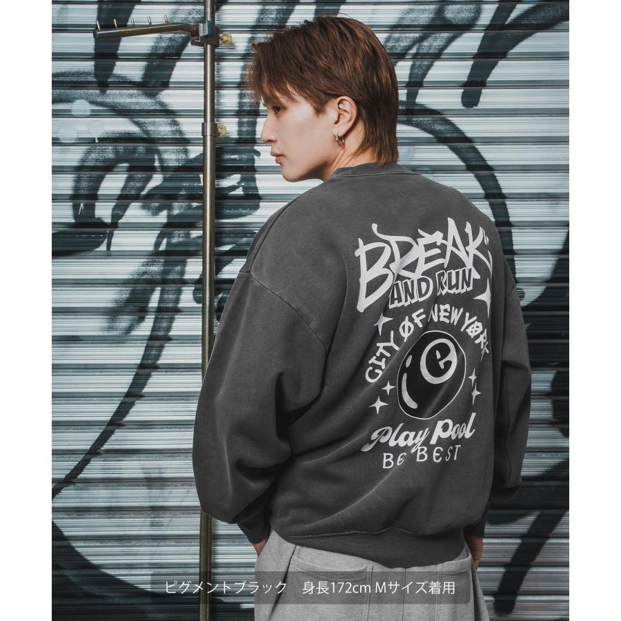 トレーナー メンズ CVC 半起毛 スウェット クルーネック 長袖 プリント ワンポイント ストリート スケーター 古着MIX 韓国ファッション ブラック | improves | 04