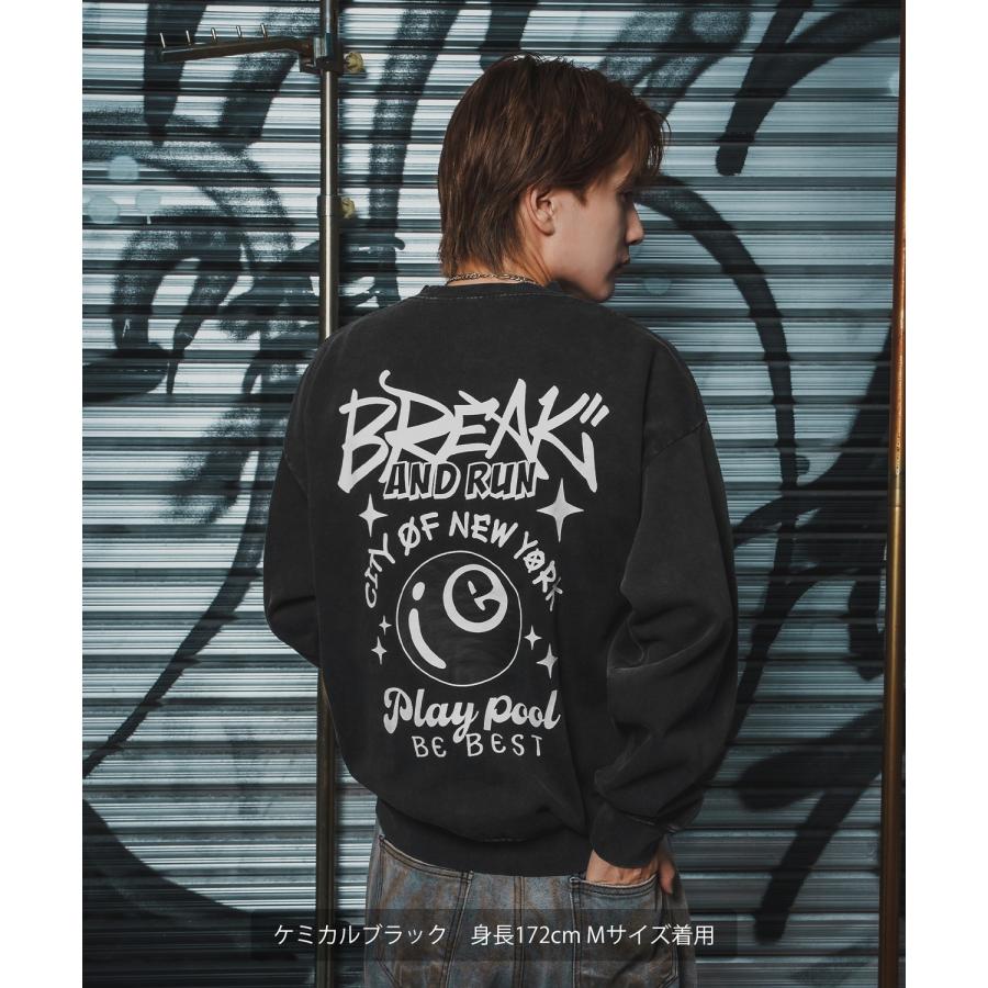 トレーナー メンズ CVC 半起毛 スウェット クルーネック 長袖 プリント ワンポイント ストリート スケーター 古着MIX 韓国ファッション ブラック | improves | 08