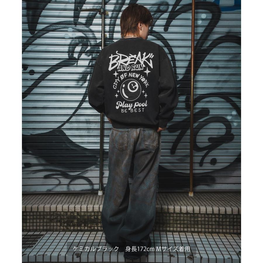 トレーナー メンズ CVC 半起毛 スウェット クルーネック 長袖 プリント ワンポイント ストリート スケーター 古着MIX 韓国ファッション ブラック | improves | 11