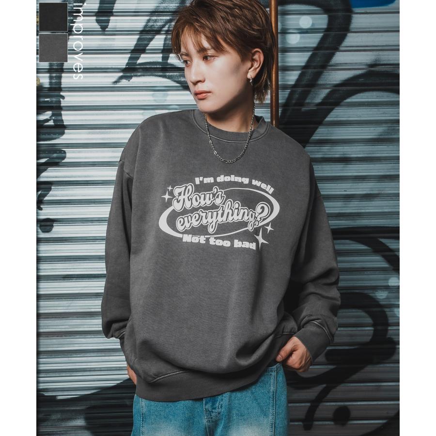 トレーナー メンズ CVC 半起毛 スウェット クルーネック 長袖 プリント ストリート スケーター 古着MIX 韓国ファッション ブラック | improves