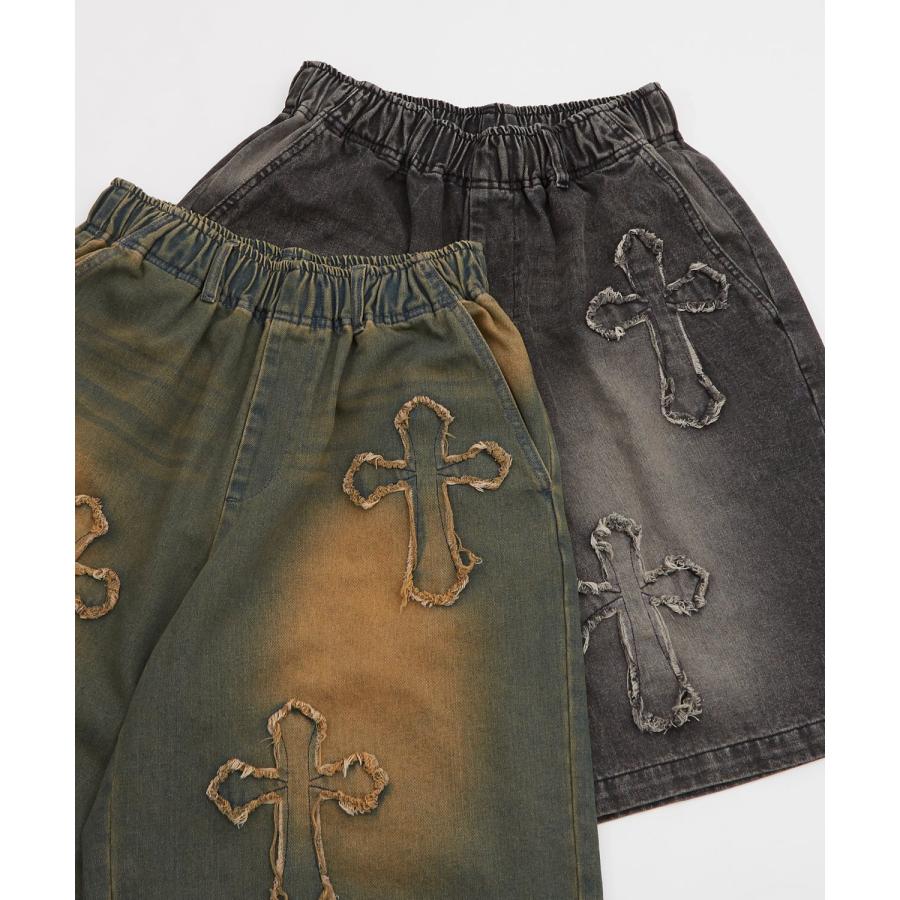 デニムパンツ メンズ クロスパッチ フリンジ ウォッシュ ワイドパンツ ショートパンツ デニム 西海岸 アメカジ カジュアル スケーター ストリート 古着MIX 韓国 | improves | 12