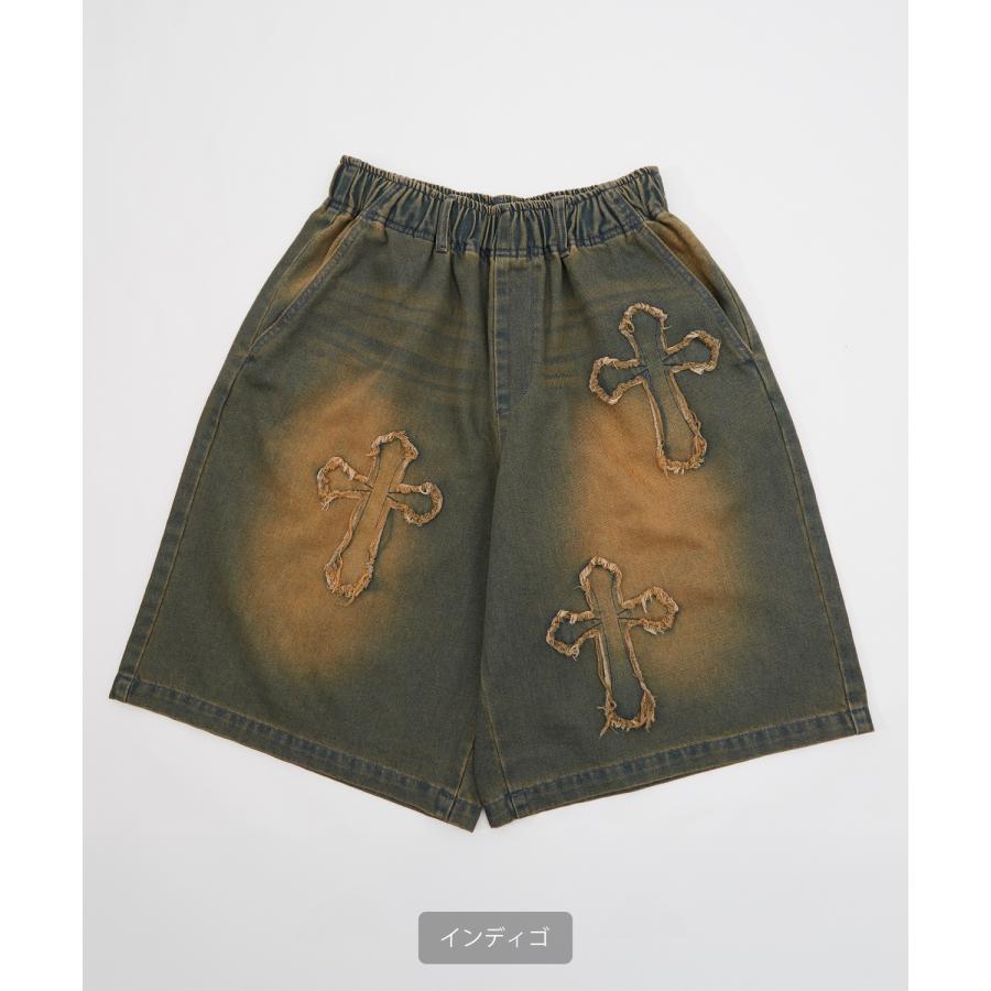 デニムパンツ メンズ クロスパッチ フリンジ ウォッシュ ワイドパンツ ショートパンツ デニム 西海岸 アメカジ カジュアル スケーター ストリート 古着MIX 韓国 | improves | 13