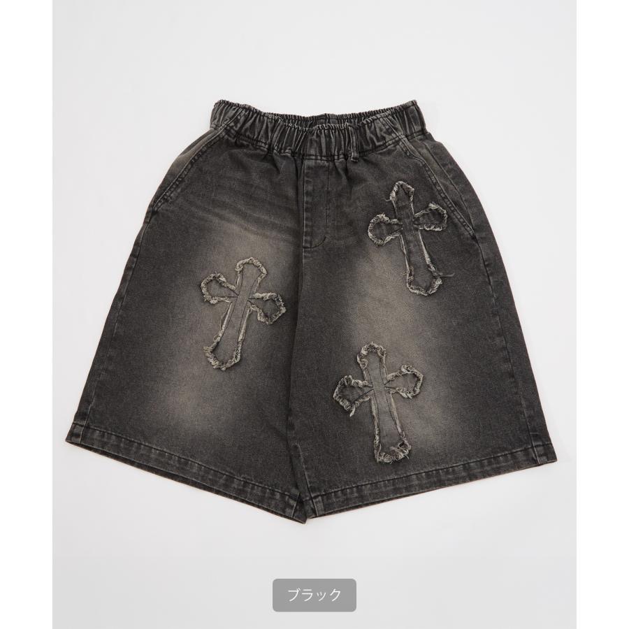 デニムパンツ メンズ クロスパッチ フリンジ ウォッシュ ワイドパンツ ショートパンツ デニム 西海岸 アメカジ カジュアル スケーター ストリート 古着MIX 韓国 | improves | 14