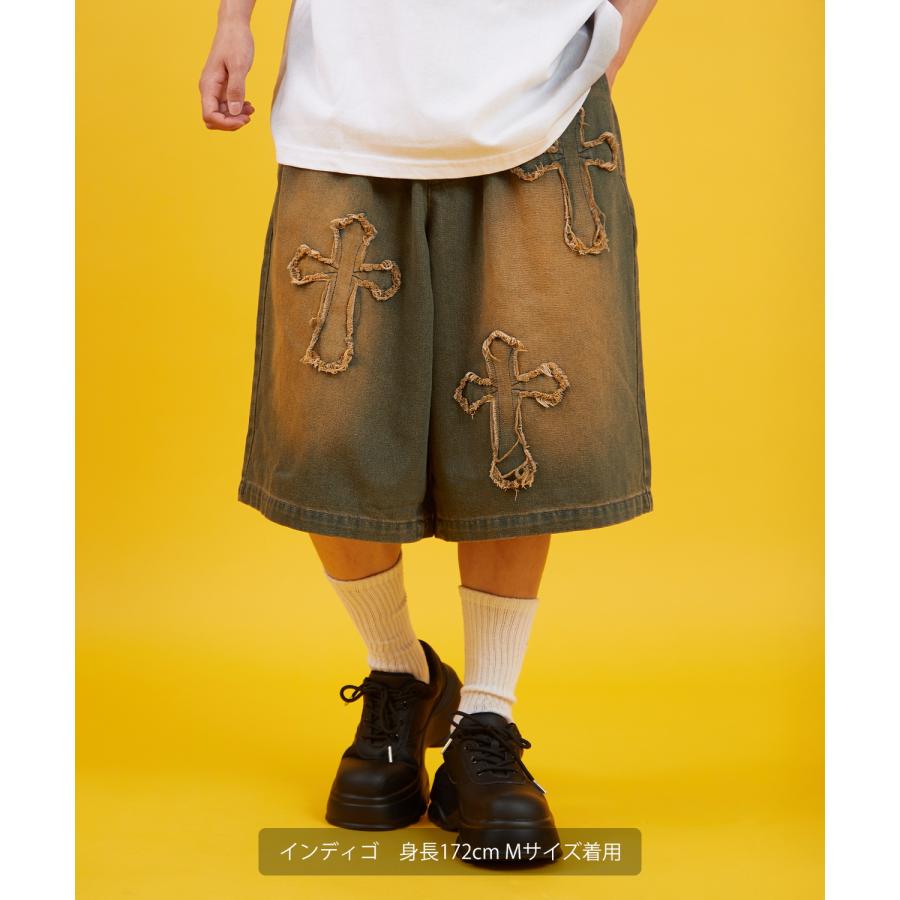 デニムパンツ メンズ クロスパッチ フリンジ ウォッシュ ワイドパンツ ショートパンツ デニム 西海岸 アメカジ カジュアル スケーター ストリート 古着MIX 韓国 | improves | 03