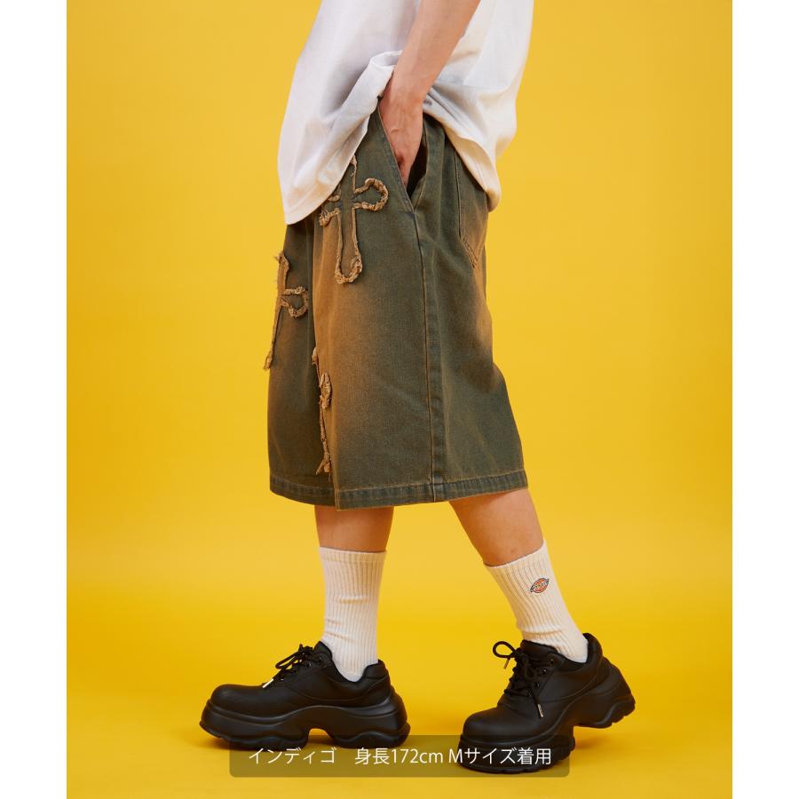 デニムパンツ メンズ クロスパッチ フリンジ ウォッシュ ワイドパンツ ショートパンツ デニム 西海岸 アメカジ カジュアル スケーター ストリート 古着MIX 韓国 | improves | 04