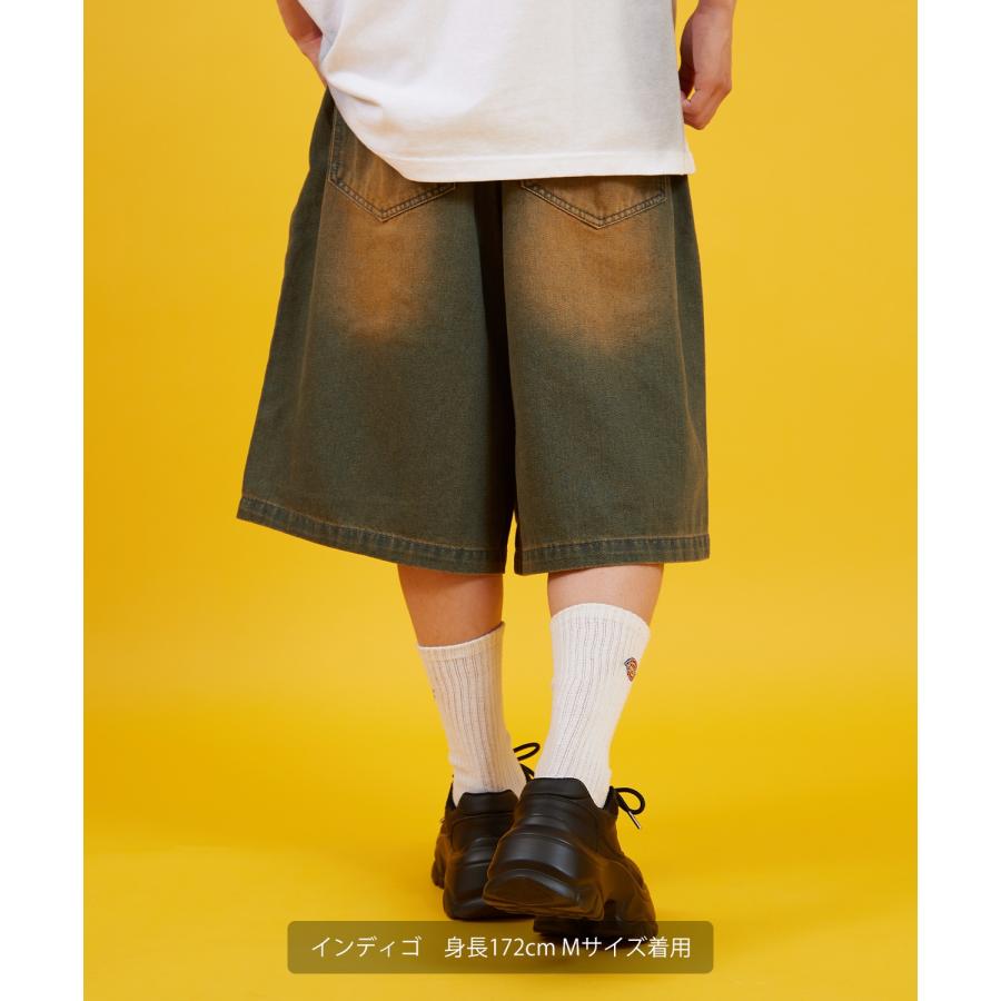 デニムパンツ メンズ クロスパッチ フリンジ ウォッシュ ワイドパンツ ショートパンツ デニム 西海岸 アメカジ カジュアル スケーター ストリート 古着MIX 韓国 | improves | 05