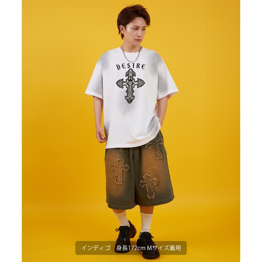 デニムパンツ メンズ クロスパッチ フリンジ ウォッシュ ワイドパンツ ショートパンツ デニム 西海岸 アメカジ カジュアル スケーター ストリート 古着MIX 韓国 | improves | 06