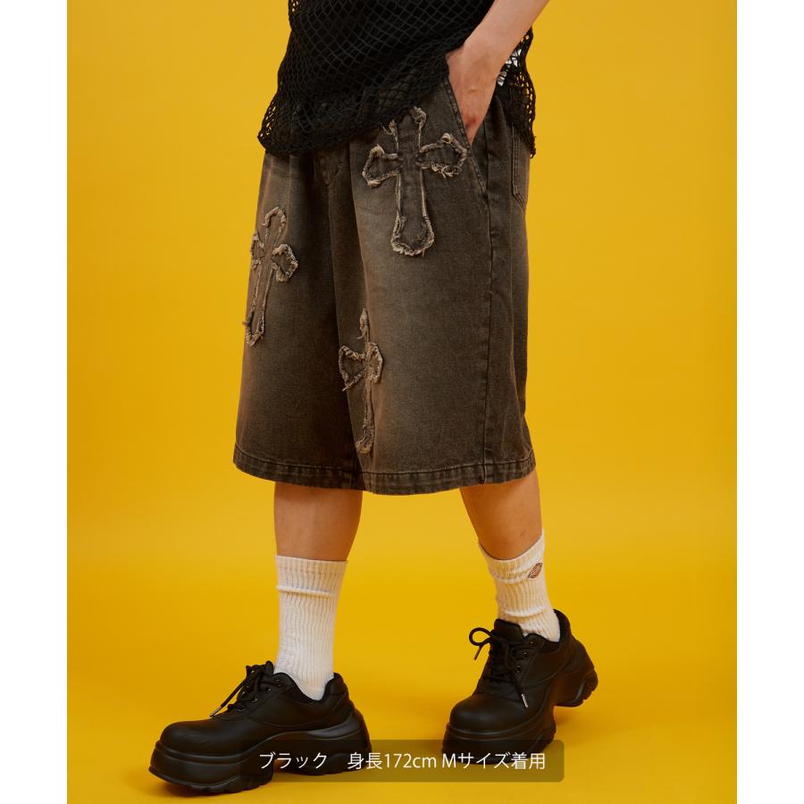 デニムパンツ メンズ クロスパッチ フリンジ ウォッシュ ワイドパンツ ショートパンツ デニム 西海岸 アメカジ カジュアル スケーター ストリート 古着MIX 韓国 | improves | 07