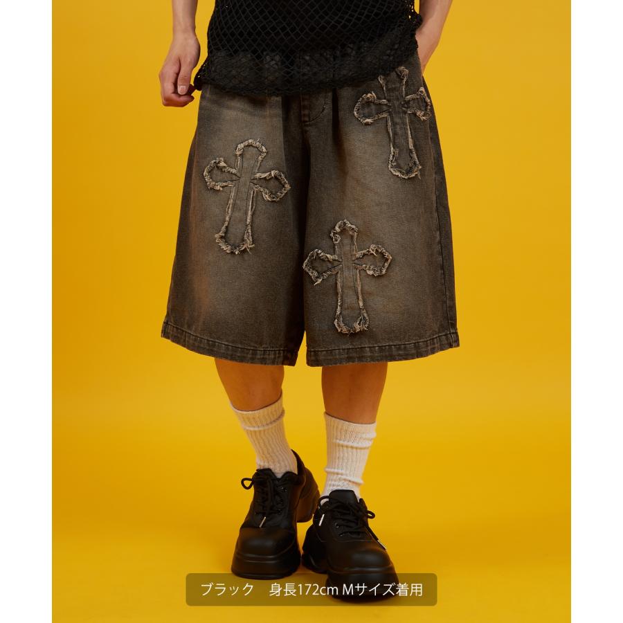 デニムパンツ メンズ クロスパッチ フリンジ ウォッシュ ワイドパンツ ショートパンツ デニム 西海岸 アメカジ カジュアル スケーター ストリート 古着MIX 韓国 | improves | 08