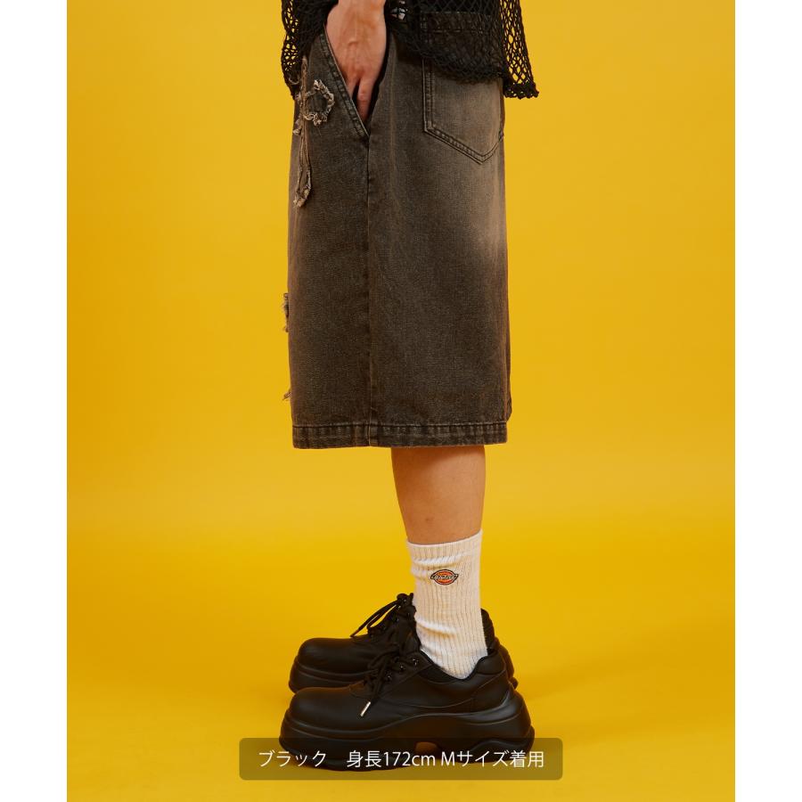 デニムパンツ メンズ クロスパッチ フリンジ ウォッシュ ワイドパンツ ショートパンツ デニム 西海岸 アメカジ カジュアル スケーター ストリート 古着MIX 韓国 | improves | 09