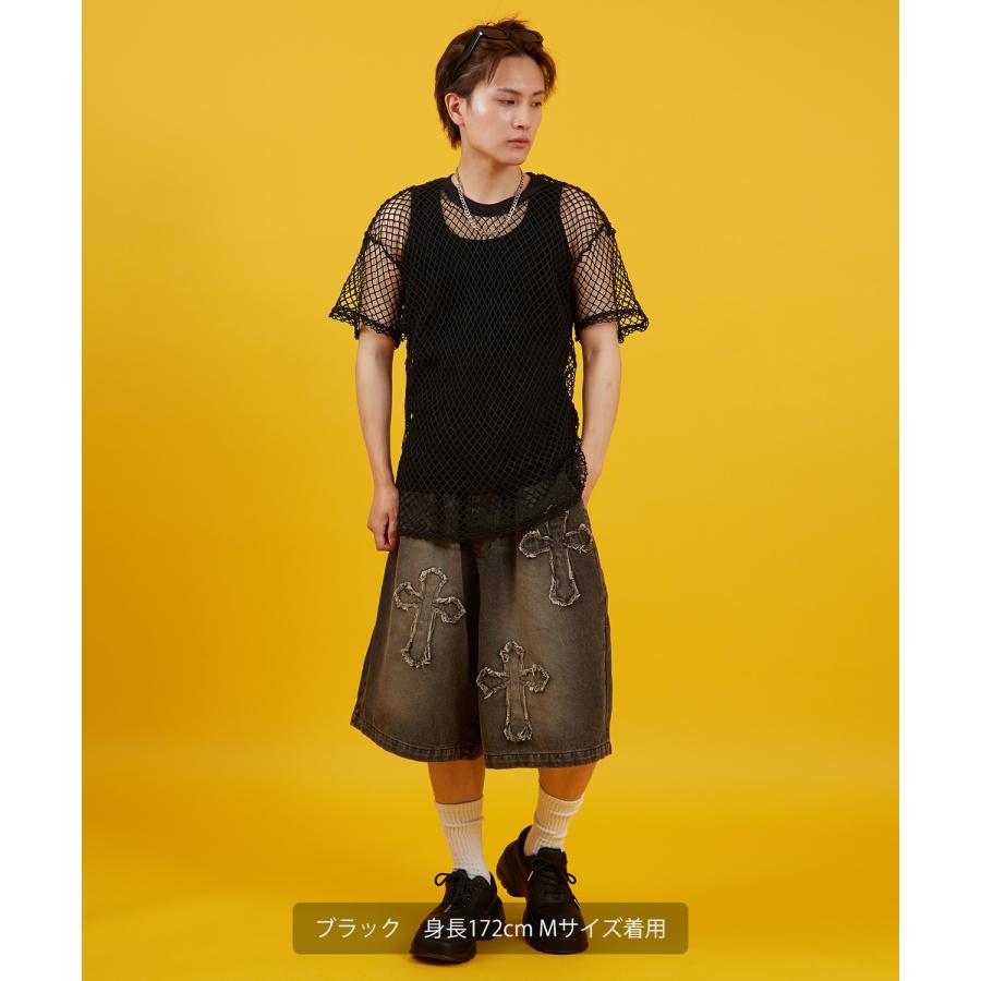 デニムパンツ メンズ クロスパッチ フリンジ ウォッシュ ワイドパンツ ショートパンツ デニム 西海岸 アメカジ カジュアル スケーター ストリート 古着MIX 韓国 | improves | 11