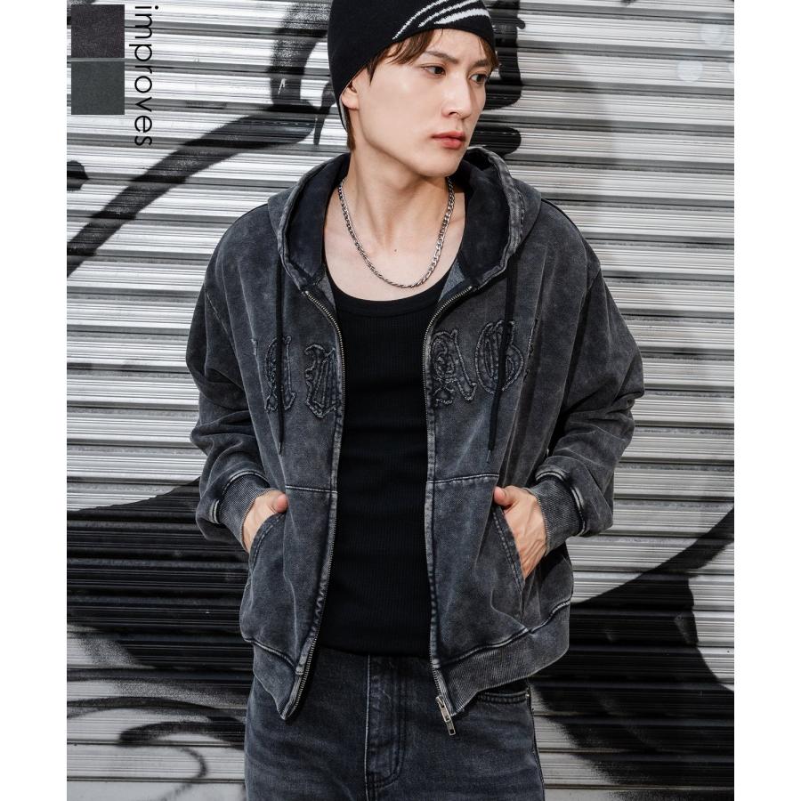 パーカー メンズ 刺しゅう ロゴ ヴィンテージ加工 ショート丈 裏毛 スウェット ジップパーカー 秋 冬 アメカジ カジュアル Y2K ストリート 90s ストリート 韓国 | improves