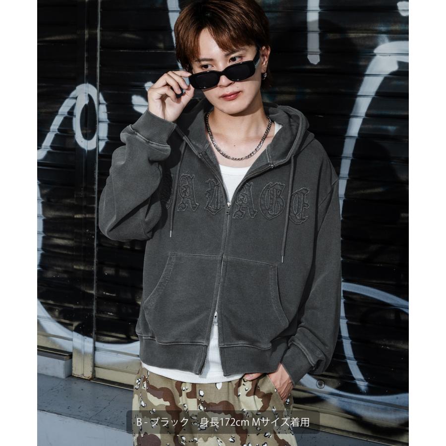 パーカー メンズ 刺しゅう ロゴ ヴィンテージ加工 ショート丈 裏毛 スウェット ジップパーカー 秋 冬 アメカジ カジュアル Y2K ストリート 90s ストリート 韓国 | improves | 09