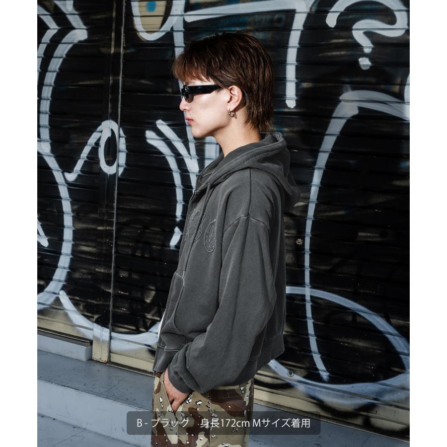 パーカー メンズ 刺しゅう ロゴ ヴィンテージ加工 ショート丈 裏毛 スウェット ジップパーカー 秋 冬 アメカジ カジュアル Y2K ストリート 90s ストリート 韓国 | improves | 11