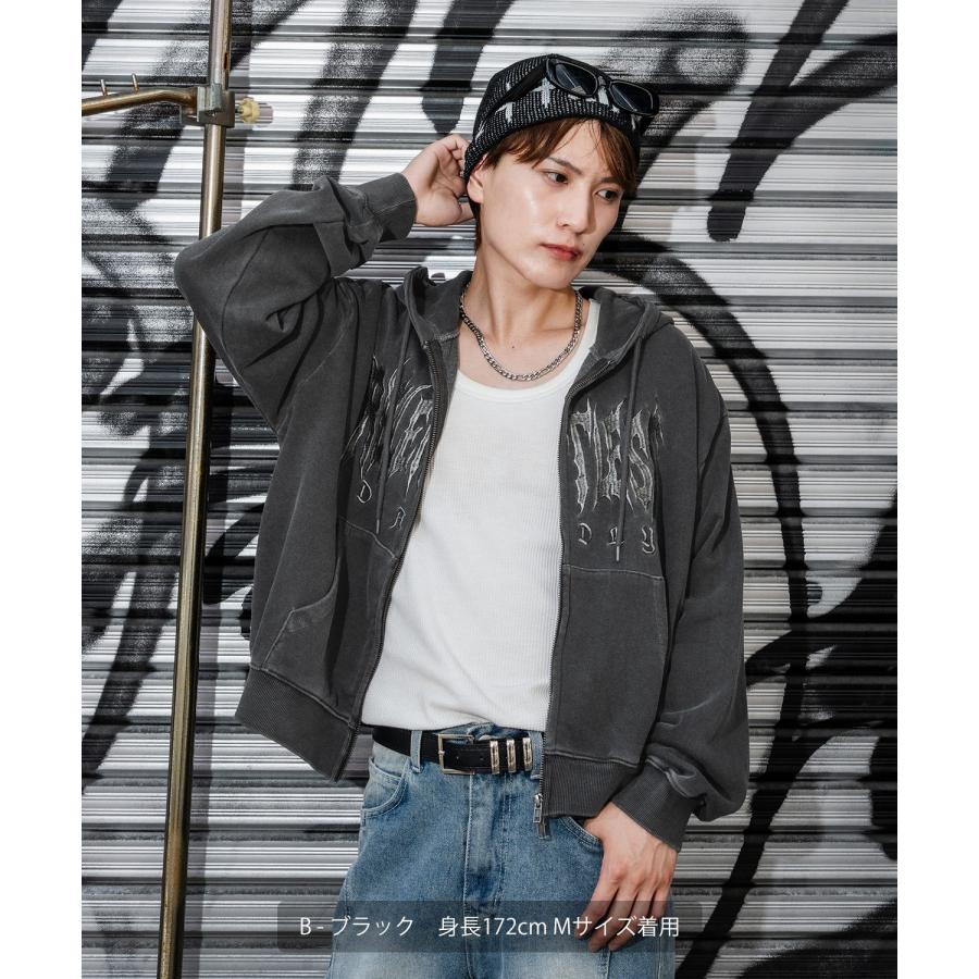 パーカー メンズ 刺しゅう ロゴ ヴィンテージ加工 ショート丈 裏毛 スウェット ジップパーカー 秋 冬 アメカジ カジュアル Y2K ストリート 90s ストリート 韓国 | improves | 10