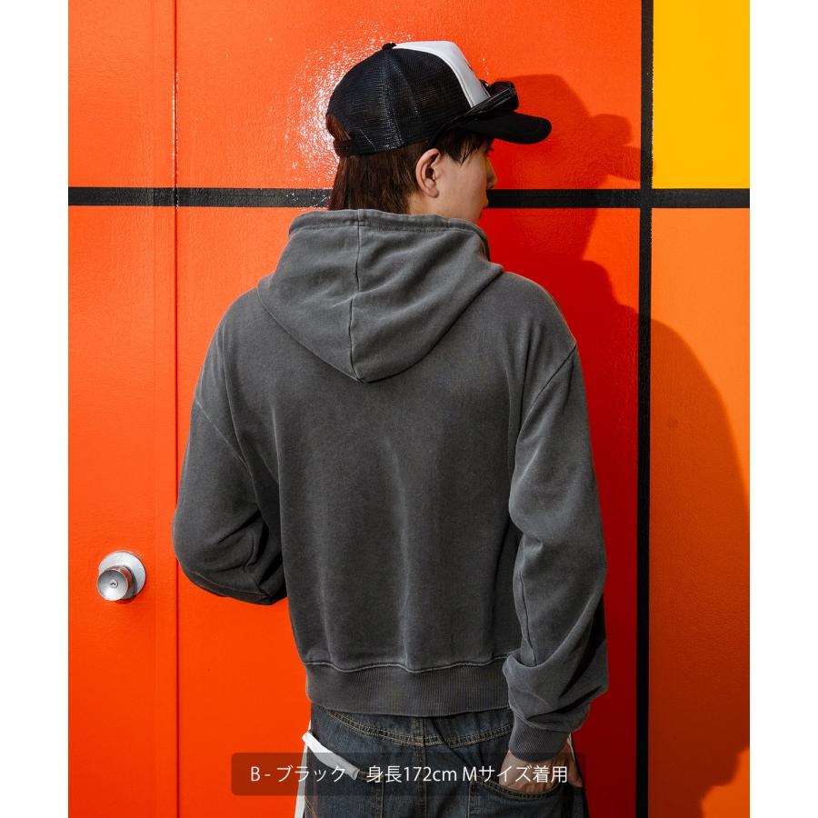 パーカー メンズ 刺しゅう ロゴ ヴィンテージ加工 ショート丈 裏毛 スウェット プルパーカー 秋 冬 アメカジ カジュアル Y2K ストリート 90s ストリート 韓国 | improves | 12