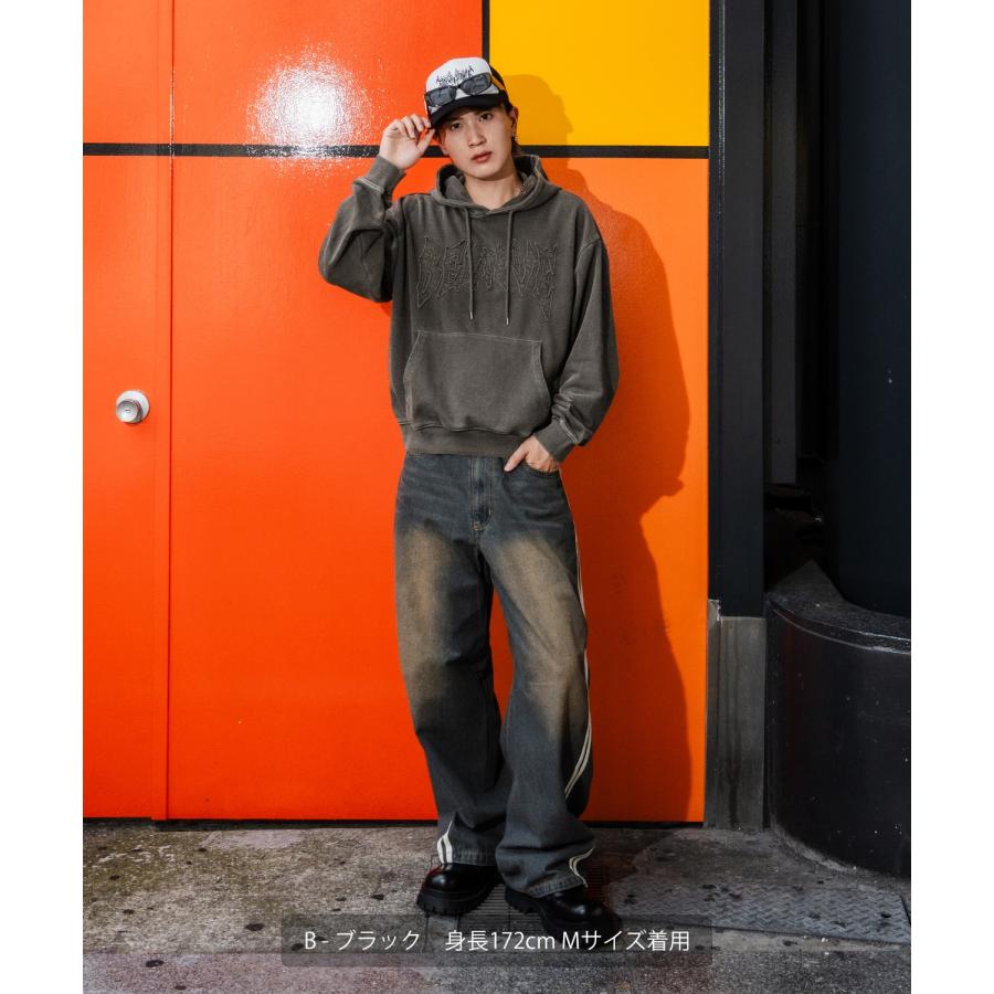 パーカー メンズ 刺しゅう ロゴ ヴィンテージ加工 ショート丈 裏毛 スウェット プルパーカー 秋 冬 アメカジ カジュアル Y2K ストリート 90s ストリート 韓国 | improves | 13