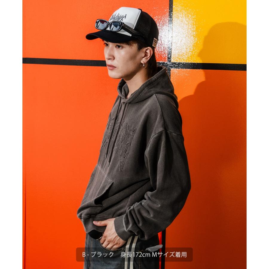 パーカー メンズ 刺しゅう ロゴ ヴィンテージ加工 ショート丈 裏毛 スウェット プルパーカー 秋 冬 アメカジ カジュアル Y2K ストリート 90s ストリート 韓国 | improves | 14