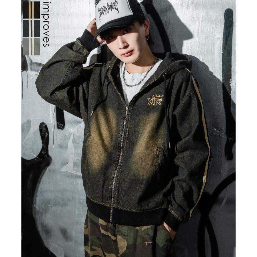 デニムパーカー メンズ サイドライン ジップアップ フーディ ヴィンテージ加工 ショート丈 秋 冬 アメカジ ワークスタイル Y2K ストリート 90s ストリート 韓国 | improves