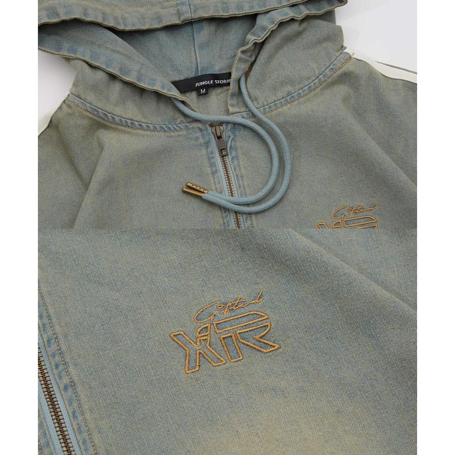 デニムパーカー メンズ サイドライン ジップアップ フーディ ヴィンテージ加工 ショート丈 秋 冬 アメカジ ワークスタイル Y2K ストリート 90s ストリート 韓国 | improves | 17