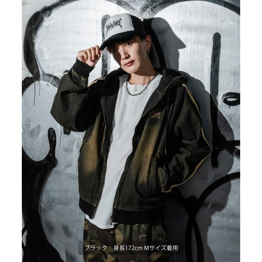 デニムパーカー メンズ サイドライン ジップアップ フーディ ヴィンテージ加工 ショート丈 秋 冬 アメカジ ワークスタイル Y2K ストリート 90s ストリート 韓国 | improves | 04