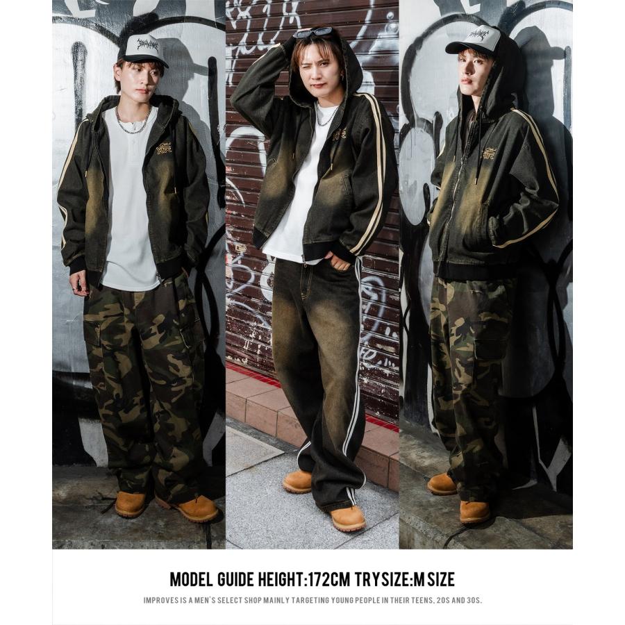 デニムパーカー メンズ サイドライン ジップアップ フーディ ヴィンテージ加工 ショート丈 秋 冬 アメカジ ワークスタイル Y2K ストリート 90s ストリート 韓国 | improves | 06