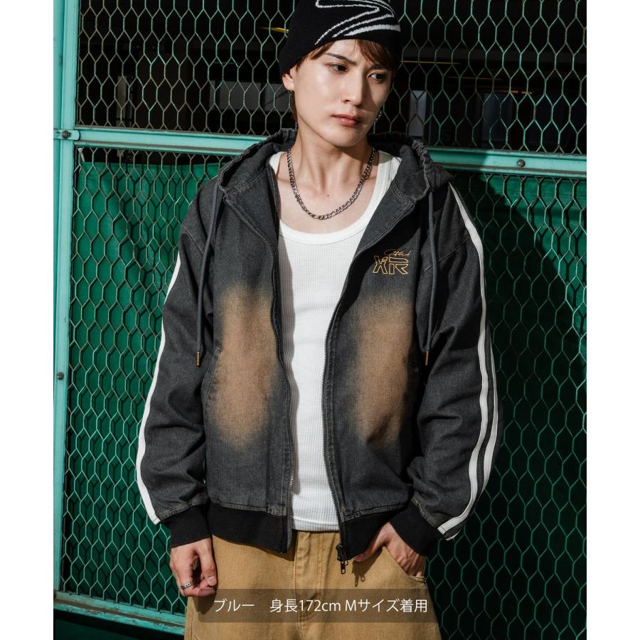 デニムパーカー メンズ サイドライン ジップアップ フーディ ヴィンテージ加工 ショート丈 秋 冬 アメカジ ワークスタイル Y2K ストリート 90s ストリート 韓国 | improves | 07