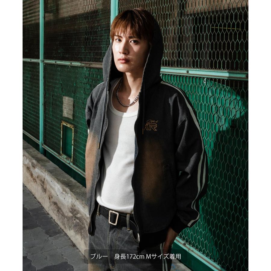 デニムパーカー メンズ サイドライン ジップアップ フーディ ヴィンテージ加工 ショート丈 秋 冬 アメカジ ワークスタイル Y2K ストリート 90s ストリート 韓国 | improves | 08