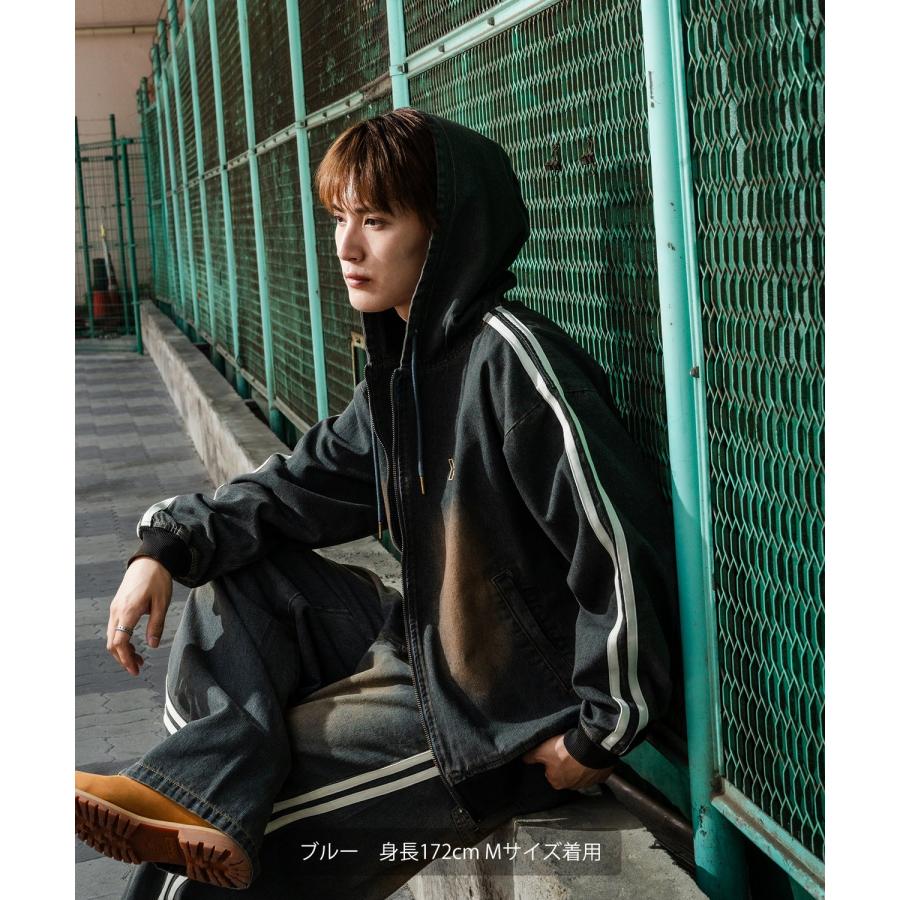 デニムパーカー メンズ サイドライン ジップアップ フーディ ヴィンテージ加工 ショート丈 秋 冬 アメカジ ワークスタイル Y2K ストリート 90s ストリート 韓国 | improves | 09