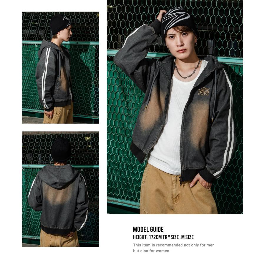 デニムパーカー メンズ サイドライン ジップアップ フーディ ヴィンテージ加工 ショート丈 秋 冬 アメカジ ワークスタイル Y2K ストリート 90s ストリート 韓国 | improves | 10