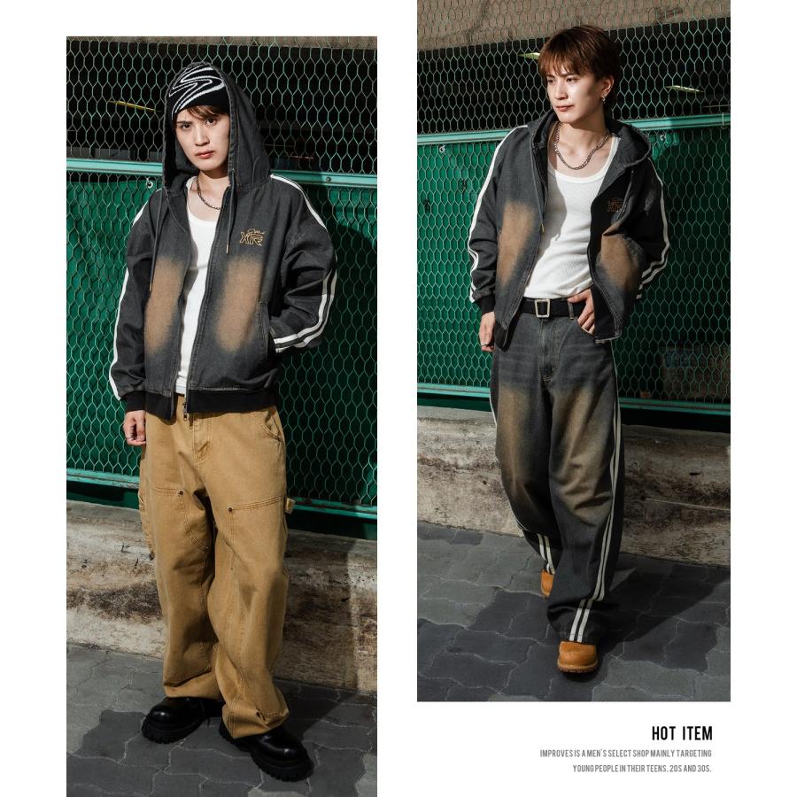 デニムパーカー メンズ サイドライン ジップアップ フーディ ヴィンテージ加工 ショート丈 秋 冬 アメカジ ワークスタイル Y2K ストリート 90s ストリート 韓国 | improves | 11