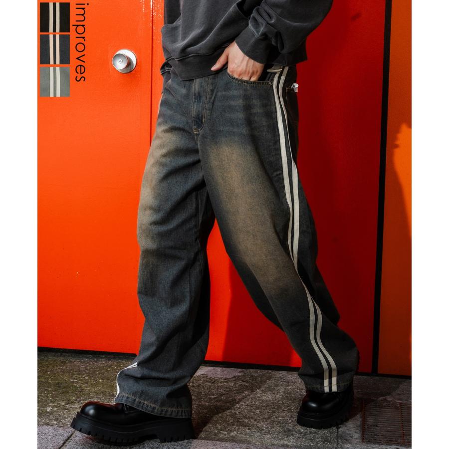 デニムパンツ メンズ サイドライン ワイド ジーンズ ヴィンテージ加工 春 秋 冬 アメカジ ワークスタイル Y2K ストリート 90s ストリート 韓国 | improves