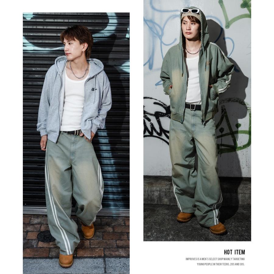 デニムパンツ メンズ サイドライン ワイド ジーンズ ヴィンテージ加工 春 秋 冬 アメカジ ワークスタイル Y2K ストリート 90s ストリート 韓国 | improves | 13