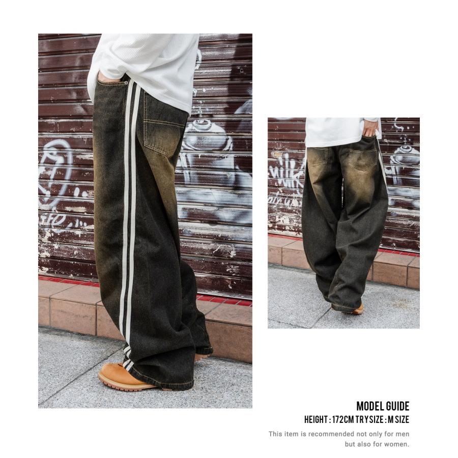 デニムパンツ メンズ サイドライン ワイド ジーンズ ヴィンテージ加工 春 秋 冬 アメカジ ワークスタイル Y2K ストリート 90s ストリート 韓国 | improves | 06