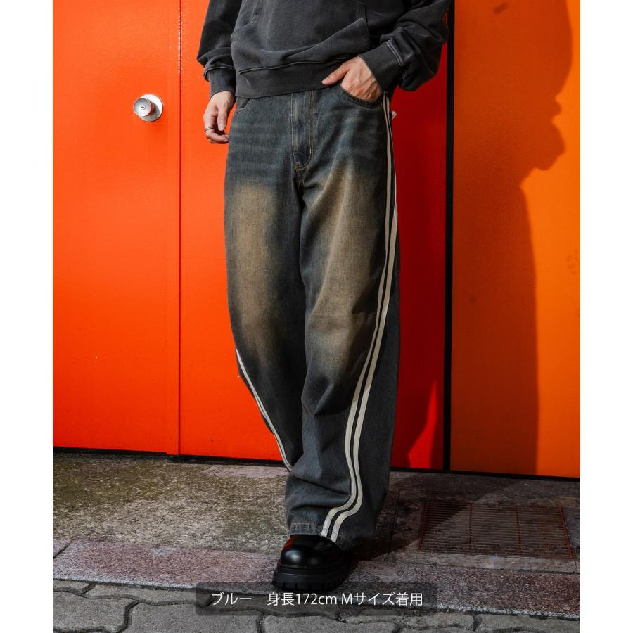 デニムパンツ メンズ サイドライン ワイド ジーンズ ヴィンテージ加工 春 秋 冬 アメカジ ワークスタイル Y2K ストリート 90s ストリート 韓国 | improves | 07