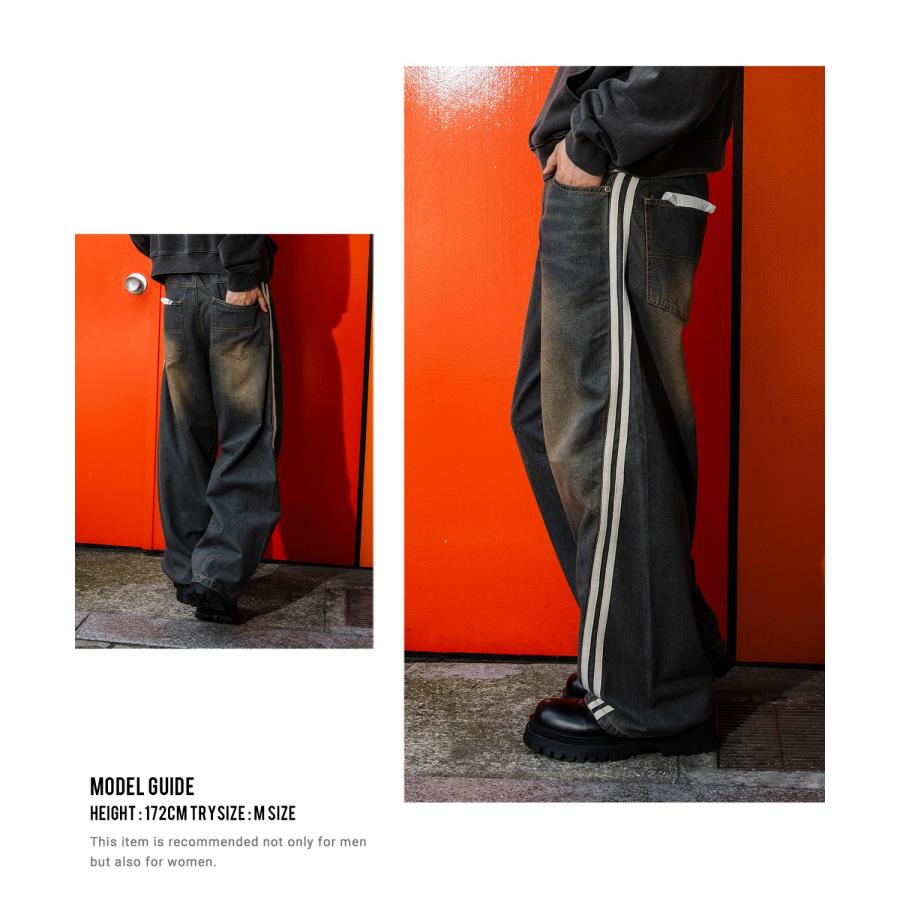 デニムパンツ メンズ サイドライン ワイド ジーンズ ヴィンテージ加工 春 秋 冬 アメカジ ワークスタイル Y2K ストリート 90s ストリート 韓国 | improves | 08