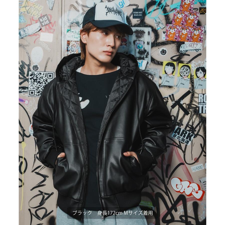 パーカー メンズ フェイクレザー PUレザー フードブルゾン フーディー 大きめ アメカジ カジュアル ワーク スケーター ストリート 90s 古着MIX 韓国ファッション | improves | 02