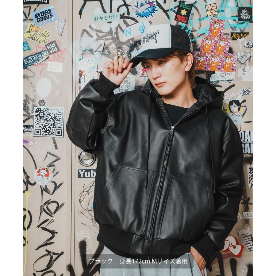 パーカー メンズ フェイクレザー PUレザー フードブルゾン フーディー 大きめ アメカジ カジュアル ワーク スケーター ストリート 90s 古着MIX 韓国ファッション | improves | 03