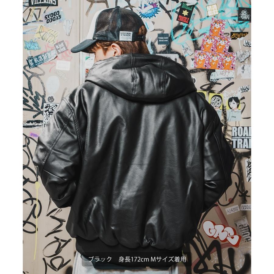 パーカー メンズ フェイクレザー PUレザー フードブルゾン フーディー 大きめ アメカジ カジュアル ワーク スケーター ストリート 90s 古着MIX 韓国ファッション | improves | 04