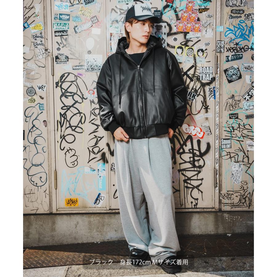 パーカー メンズ フェイクレザー PUレザー フードブルゾン フーディー 大きめ アメカジ カジュアル ワーク スケーター ストリート 90s 古着MIX 韓国ファッション | improves | 08