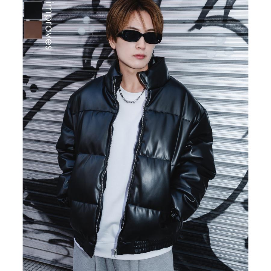 フェイクレザー 中綿 パデットジャケット メンズ レディース パディング ショート丈 ブルゾン アウター 防寒 オーバーサイズ 韓国 ストリート 古着MIX | improves